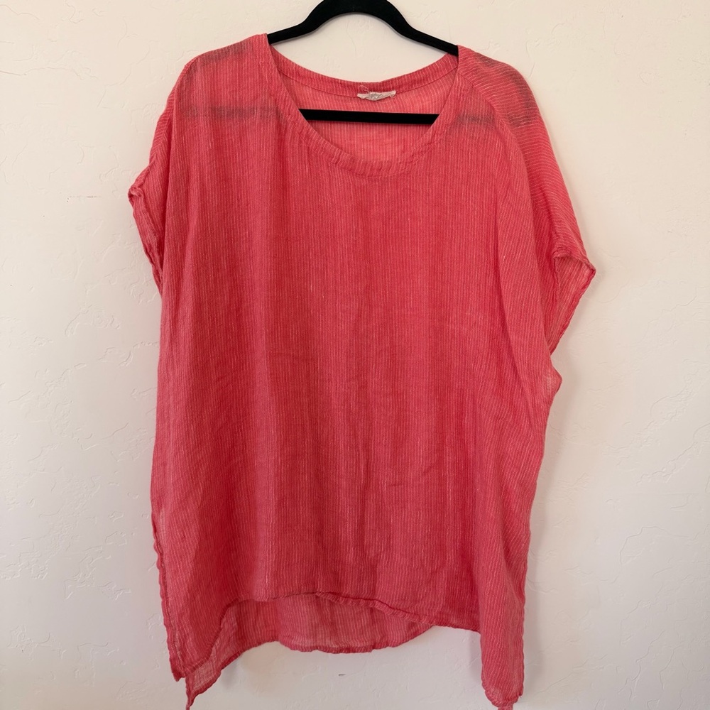 Eileen Fisher Coral Linen Stripe Oversized Lagenlook Blouse Size S